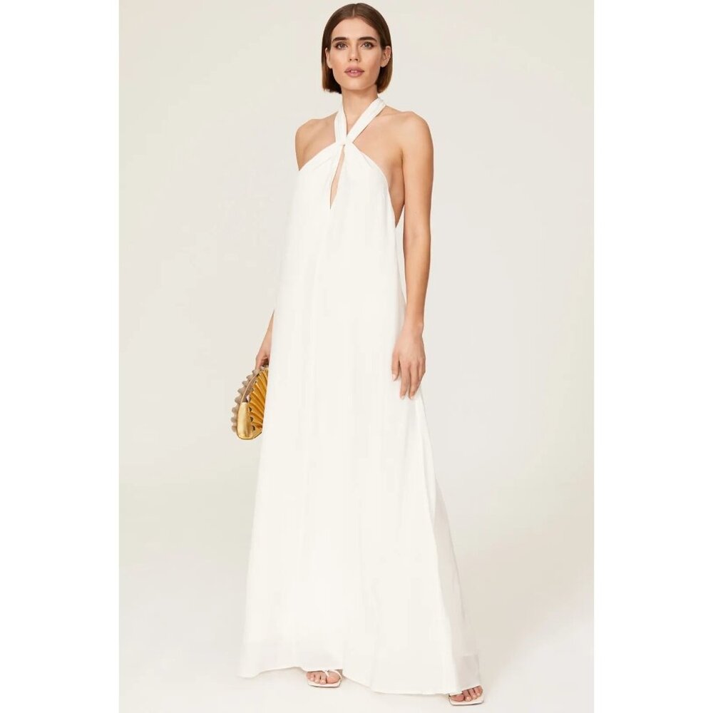 Rixo Jordyn Halter Gown White Low Back Viscose Size S
